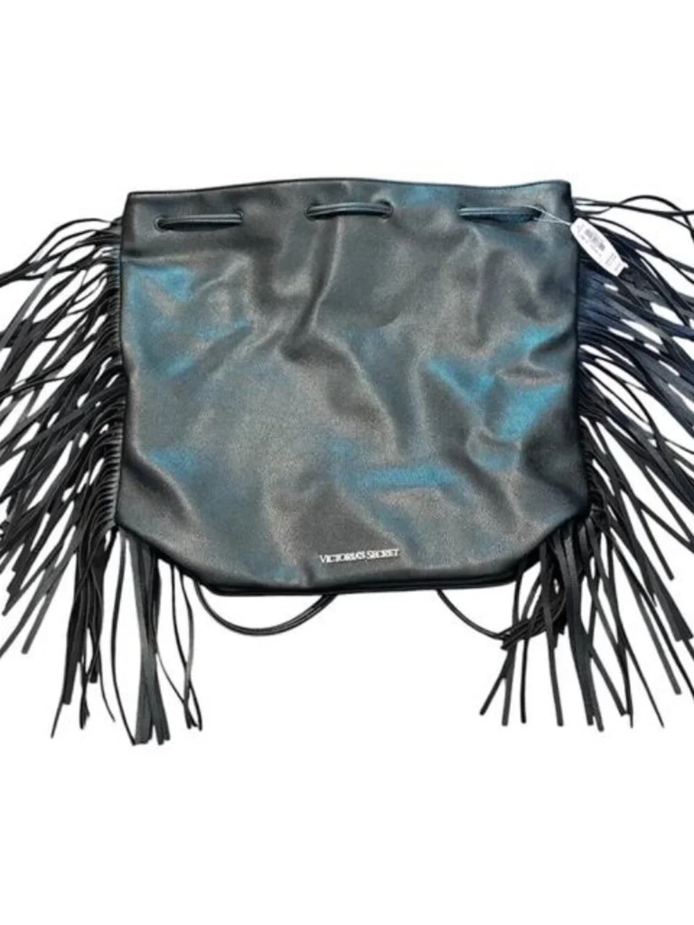 NWT Victoria's Secret VS Faux Black Pebble Leather Draw String Fringe Backpack - Picture 1 of 4